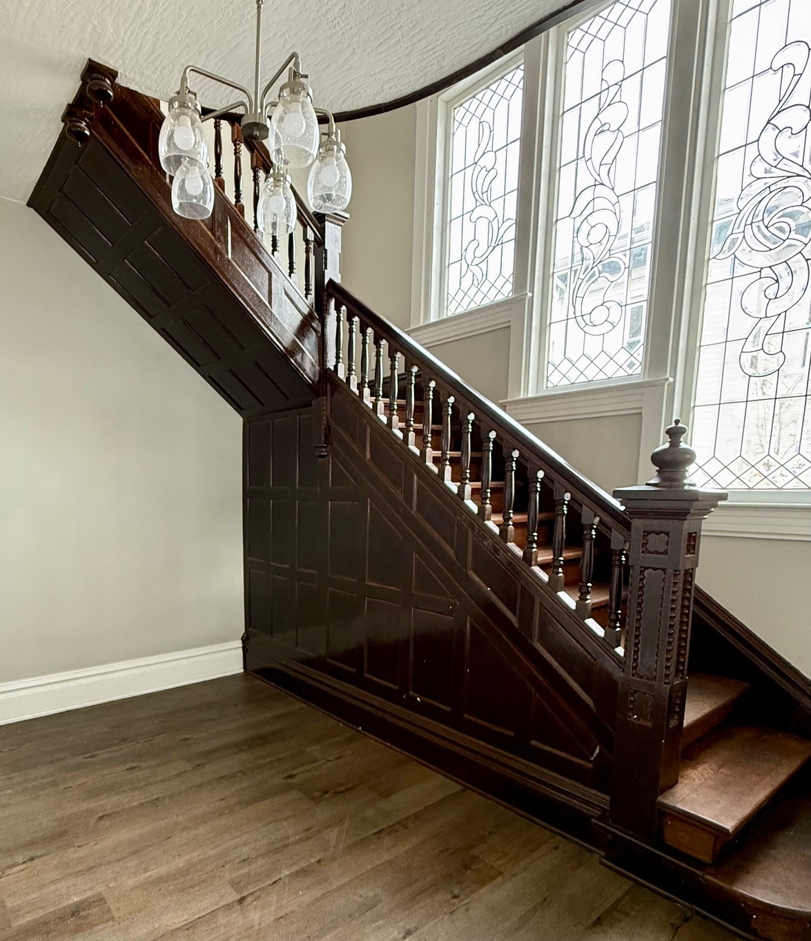 Clyde grand staircase with stained glass windows
